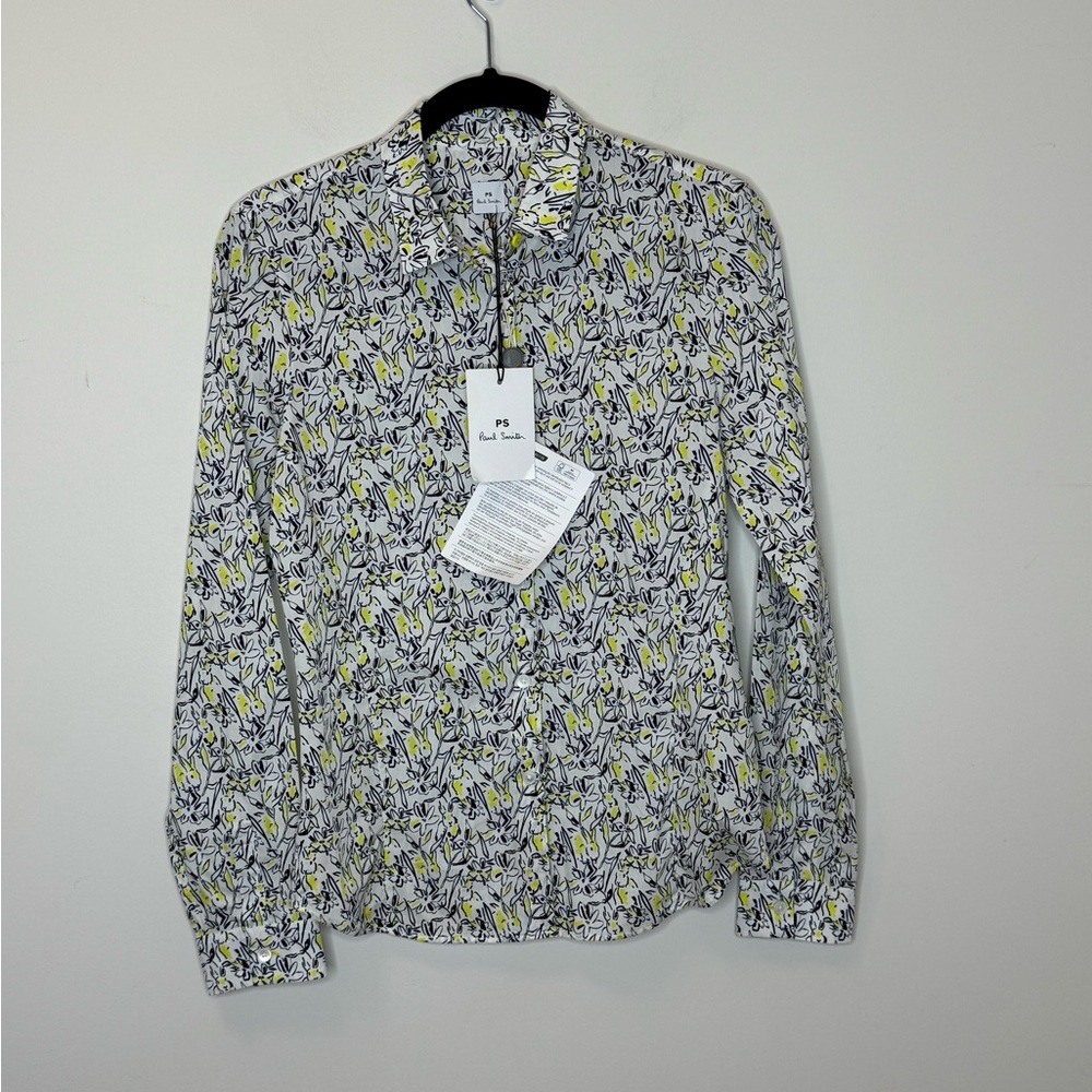 PS Paul Smith White Long-Sleeve Button-Down Shirt with Yellow & Black Print